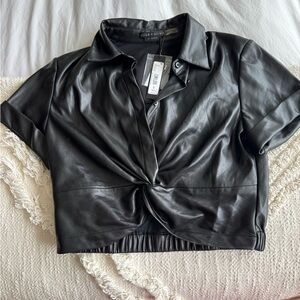 Alice + Olivia Black Faux Leather Cropped Shirt